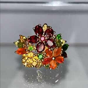 NWOT Multi Genuine Gemstone Gold Plated Sterling Silver Designer Ring - Floral